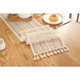 JSJSYO Beige Macrame Table Runner Cotton Crochet Lace Hollow Mesh Table Cloth Rectangular Boho Table Runner with Tassels for Rustic Wedding Valentine's Day Baby Shower Vintage Tabletop Décor 24x180cm