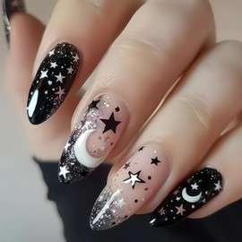 24Pcs Black Press on Nails Medium Almond Fake Nails with Glitter Designs Black White Stars False Nails Full Cover Star Acrylic Nails Glossy Night Sky Moon Stick on Nails for Women Nail Art Supplies