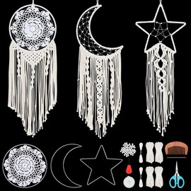 INFUNLY 3 Sets Macrame Dreamcatcher Kit for Adult Beginners Large Dream Catcher Making Kit with Instructions and Video 3 in 1 Moon Star Round Macrame Wall Hanging Supplies Boho Dreamcatcher Craft Set