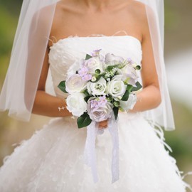 Vlovelife Wedding Bouquet for Bride Bridesmaid, 8 x 8 x 12 Inch Flower Bouquet for Wedding Decorations, Artificial Rose Flower with Leaves, Bridal Bouquets for Wedding Favors (White & Lavender)