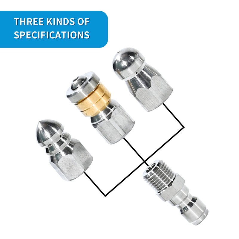 3 PCs Sewer Jetter Nozzle for Pressure Washer, Stainless Steel