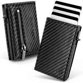 CARD Nine® Kartenetui mit RFID-Schutz - Smart Wallet - Pop-Up-Geldbörse - Cardholder - Portemonnaie - Geldbeutel mit Magnetverschluss (Carbon Schwarz, Mit Münzfach)