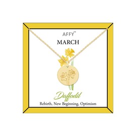 AFFY Birth Flower Necklace 18k Gold Plated Engraved Custom Floral Pendant Necklaces Dainty Birth Month Flower Disc Charm Hand Stamped Flower Disc Necklace, Gift For Her, Yellow Gold, No Gemstone