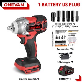 ONEVAN 520N.M Brushless Electric Wrench Cordless Wrench Screwdriver 1/2" Socket Car Repair Power Tool for Makita 18V Battery - Spec: 1 x Battery + 44 Accessories