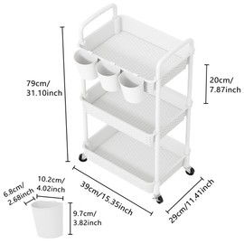 MOYIPIN 3-Tier Plastic Rolling Utility Cart with Handle,Utility Storage Cart for Office, Living Room, Kitchen,Movable Storage Organizer Shelves,White with 4 Hanging Cups