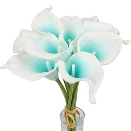 Mini Artificial Calla Lily 10 Stem Bridal Bouquets Artificial Latex Real Touch Flowers for Home Party Decor (Turquoise White)