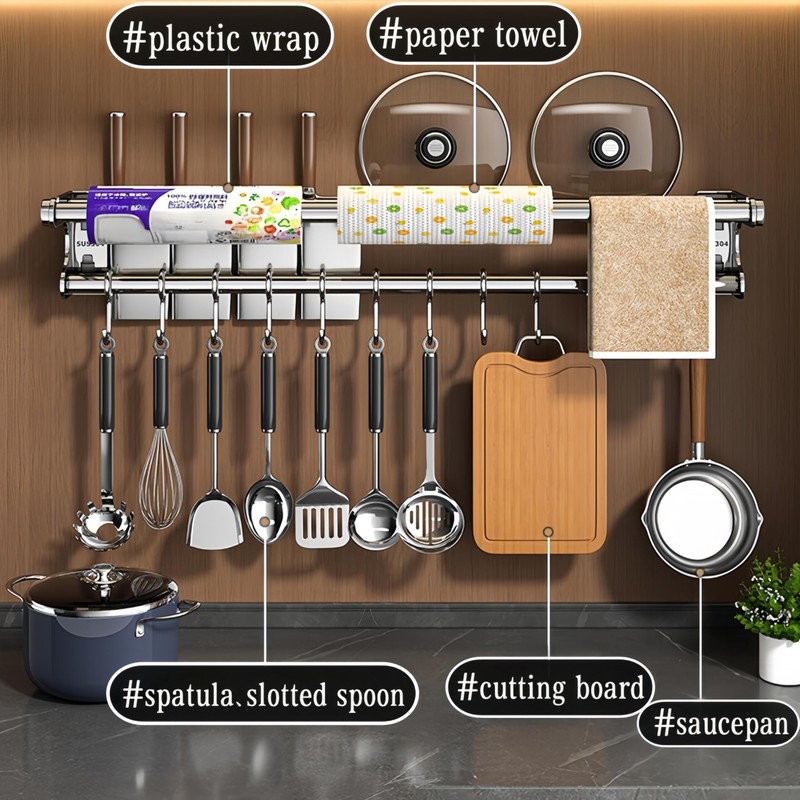 Multifunctional Kitchen Storage Rack, No-Drill Adhesive Wall Mounted Utensil &