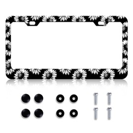 HCSS Sunflower License Plate Frame Funny Black White Aluminum Metal Floral License Plate Frames with Screws for Women Men Rust-Proof Waterproof Car Decorative Tag Frames for Standard US 12x6 Inch