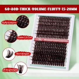 FADVAN Dark Brown Fluffy Wispy 3D Volume Lash Clusters - D Curl 15-20mm, Easy Apply Individual Eyelash Extensions