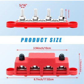 Marine Bus Bar 12V 250A Power Distribution Block 12 Volt 5/16" 4 Posts Junction Block Automotive Copper Battery Busbar Terminal Block with Cover - Negative&Positive for Car,RV,Truck,Marine Boat