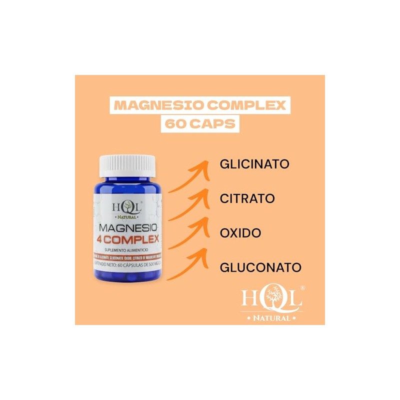 Magnesio 4 Complex HQL Natural 60 caps 500mg. Glicinato, gluconato,