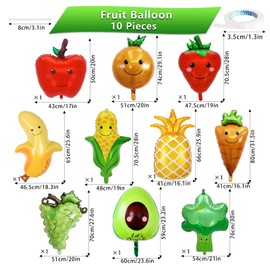 10 Pcs Fruit Balloons and Vegetable Balloons - Large Apple Orange Strawberry Grape Pineapple Banana Avocado Corn Carrot Broccoli Mylar Foil Balloons, Fruit Theme Birthday Party Decorations Supplies