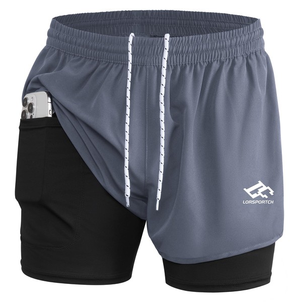 LORSPORTCH Men's 2-in-1 Running Shorts Men's Fitness Shorts Outdoor Marathon