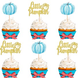 24 piezas de adornos de calabaza, diseño de calabaza, para baby shower, calabaza, cupcakes, decoración de pasteles para baby shower, temática de calabaza, cumpleaños, gracias, fiestas, suministros de color azul