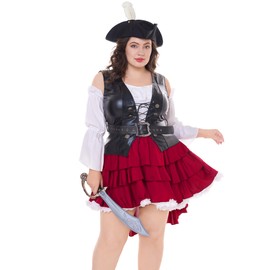 Funna Pirate Costume Women Adult Outfit 5 Piece with Hat Pirate Skirt Belt Black, X-Large