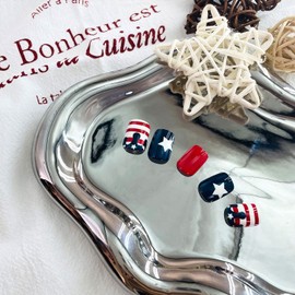 Short 4th of July Press on Nails Independence Day False Nails Glossy Full Cover Coffin Glue on Nail with Star Stripe Decoration Acrylic Fake Nail Reusable for Women 24Pcs
