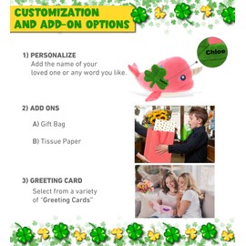 DolliBu Baby Soft Pink Narwhal Stuffed Animal with Green Plush Shamrock, Cute Green Shamrock Plush, St Patricks Day Stuffed Animal Narwhal, Good Luck St Patricks Day Toys for Kids, Baby - 11.75 Inch