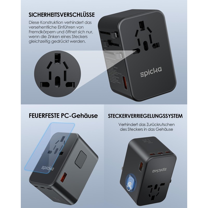 EPICKA 75W GaN Travel Adapter with 3 USB-C and 2
