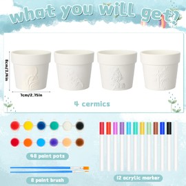 Reallnaive 4 Sets Spring DIY Ceramic Painting Flower Pots Craft Kit Unpainted Ceramic Paintable Flowerpots with Drainage Hole Paints Brushes Palettes Ready to Paint for Craft Project Activity