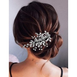 Octwine Bride Wedding Rhinestone Leaf Flower Hair Clip Gold Silver Hair Clip Rhinestone Crystal Hair Comb Wedding Party Prom Hair Headpiece Bridal Wedding Hair Accessories for Women (Silver)