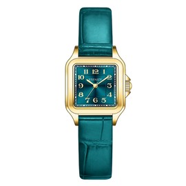 VXFAIZY Dainty Square Watch for Women with Easy Read Arabic Numeral Ladies Dress Watches (Green-Gold)