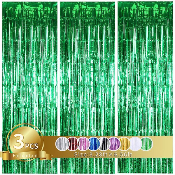 TONIFUL 3Pcs Green Metallic Tinsel Foil Fringe Curtains,3.28ft x 6.56ft