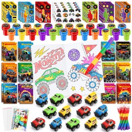 BenLouis 168Pcs Monster Truck Party Favors Truck Car Theme Coloring Books Crayons Sticker Set Bulk for Kids Racing Wheels Birthday Decor Goodie Bag Stuffer Classroom Rewards Craft Pinata Supplies