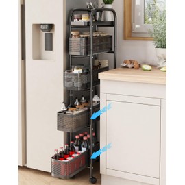 UMDONX Slim Storage Cart 5 Tier with Pull Out Basket Bathroom Organizer Rolling cart, Rolling Utility Cart Slide Out Organizer for Kitchen, Bathroom, Laundry Black