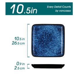 vancasso Stern Square Dinner Plates Set of 4, 10.5 Inch Dessert Plates, Reactive Change Glaze Blue Serving Pasta Salad Plate Dish, Scratch Resistant