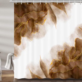 MERCHR Tan and Gold Marble Shower Curtain, Modern Abstract Dark Brown White Fabric Shower Curtains Set for Bathroom Decorative, Cute Ombre Restroom Decor Accessories with Hooks 72X 72 Inch