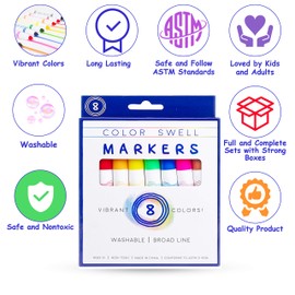 Color Swell Washable Markers Bulk Pack 2 Sets 8 Count Vibrant Colours 16 Total Perfect Bulk Pack for Teachers, Kids and Classrooms