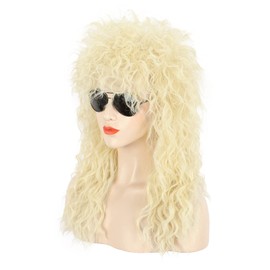 Karlery Adult Men Women Long Curly Blonde Wig 70s 80s Heavy Metal Rocker Mullet Costume Wig