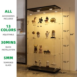 FANYUSHOW Display Cabinet with Glass Door and LED Light, 4-Tier Tempered Glass Display Shelf, Glass Curio Cabinet Collection Display Case, Display Case Cabinet, Black 64.7" H x 16.7" L x 14" W