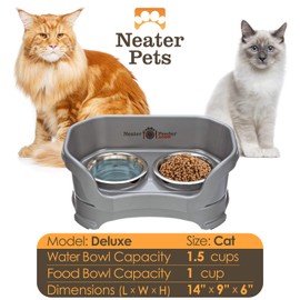 Neater Feeder Deluxe for Cats - Mess Proof Pet Feeder with Stainless Steel Food & Water Bowls - Drip Proof, Non-Tip, and Non-Slip - Gunmetal Grey