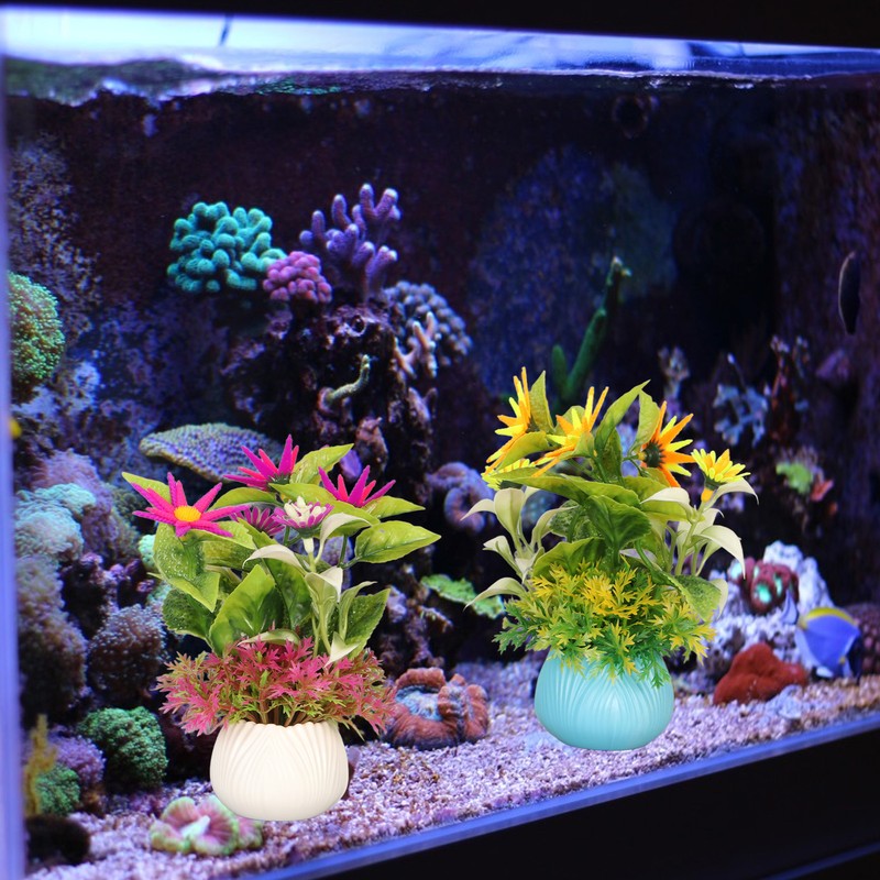 2pcs Artificial Aquarium Plants Silicone Flowers Reusable Resin Pots Fish