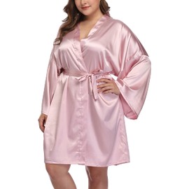 Womens Plus Size Silky Satin Kimono Robes Wedding Party Bridesmaid Sleepwear Bathrobe Dressing Gown, Pink, 4X