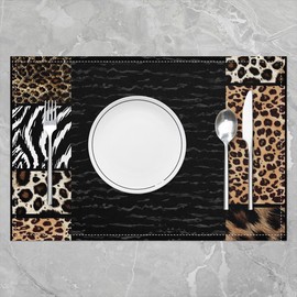 Snake Skin Placemats Leopard Zebra African Wildlife Print Place Mats for Teens Men Adults Women Animal Grid Patchwork Rustic Style Kitchen Mats for Dining Table 12x18 Inch Set of 4