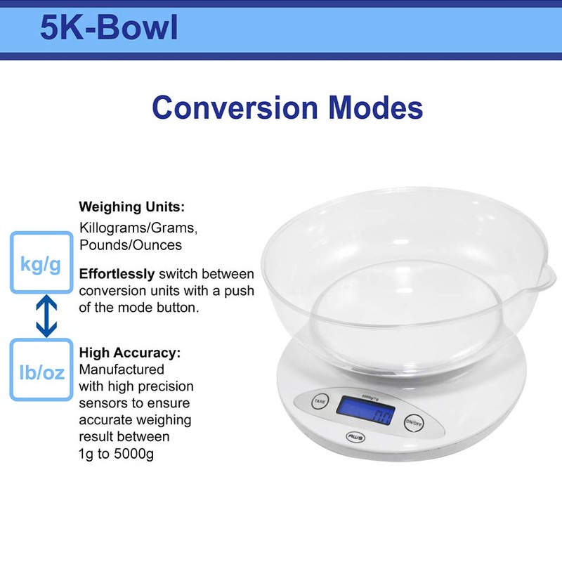 American Weigh 5KBOWL 5KG Digital Kitchen Scale with Removable Bowl,