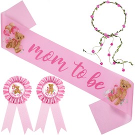 Tiamon Bear Theme Mom to Be Sash Baby Shower Dad to Be Pin and Flower Crown Headband for Gender Reveals Party Baby Shower Party Favors Decorations for Boys and Girls Pregnancy Props Keepsake (Pink)
