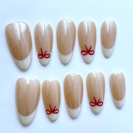 Handmade Press-On Nails, French Tip Press-On Nails, Handcrafted White Almond-Shaped Nails, Reusable Hand-Painted Design Nails, Including Tool Kit, 10 Pieces (SHN028-S, S)