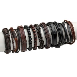 Eigso 10Pcs Braided Leather Bracelets Set for Men Women Hemp Cords Wooden Beads Adjustable Wrap Bracelets