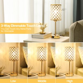 Gold Lamp for Bedroom-Crystal Table Lamp with USB-C+A & AC Ports,3-Way Dimmable Bedside Lamp with Crystal Shade,Touch Lamps for Night Stands Modern Bedroom Lamp for Living Room (Bulb Included)