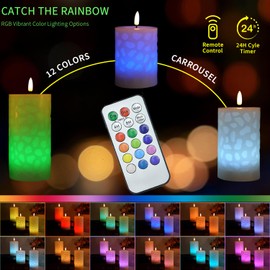 NICEME 3PCS LED Multi Colored Flameless Candles with Remote Control Timer Warm Flickering Flame Color Changing Candles Realistic Wax Battery Operated Candles for Home Decor, D3 x H4 5" 6"