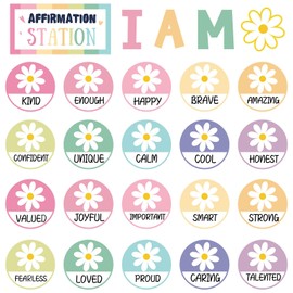 FYSUIMU 25Pcs Spring Pastel Daisy Affirmation Station Bulletin Board Set Growth Mindset Boho Groovy Daisy Cutouts for Back to School Classroom Chalkboard Wall Decor