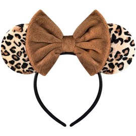 Bmobuo Leopard Print Mouse Ears Headband for Women, Brown Fuzzy Bows