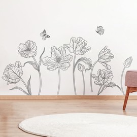Creative 3D Black Flower Wall Decals Boho 8 Tulip Flowers Wall Stickers DIY Peel and Stick Sketch Simple Line Garden Floral Plants Wall Decor for Kids Girls Bedroom Living Room Nursery Decoration