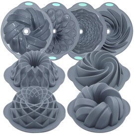 Tongjude 4 Pieces Silicone Fluted Cake Pans, 9/10/12 Cups Tube Baking Pan, Silicone Molds for Homemade Cake, Bread and Jello, Non-Stick, Grey