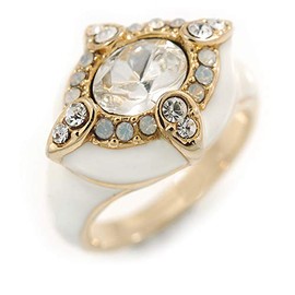 Avalaya Stunning Clear/Milky White Crystal White Enamel Ring - size 7
