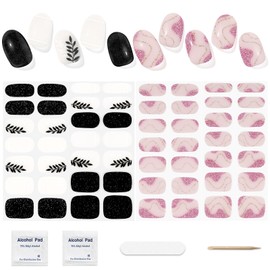 DUKASOU Semi Cured Gel Nail Strips, (Black Leaves,Gilded Pink) 56 Pcs Gel Nail Wraps Stickers, Works with Any UV/LED Lamps,Long Lasting,Salon-Quality, Easy to Apply