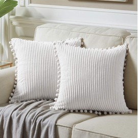 Fancy Homi Set of 2 White Decorative Throw Pillow Covers 12x12 Inch with Pom-poms for Couch Bed Sofa, Modern Farmhouse Boho Home Decor, Soft Plush Corduroy Cute Cushion Case 30x30 cm